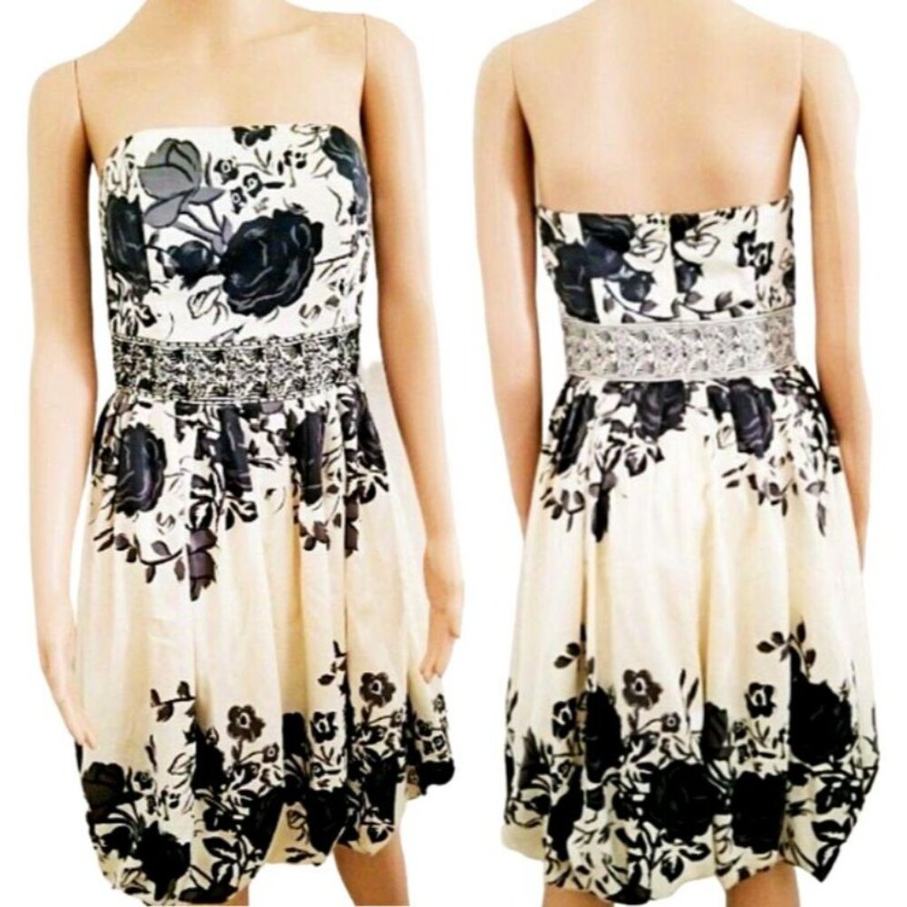 Forever 21 Women's Black Floral Beaded Waist Strapless Bubble Dress Size Medium - Picture 2 of 13